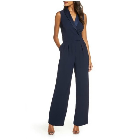 Eliza J Pants - Eliza J Navy Blue Sleeveless Wrap Jumpsuit